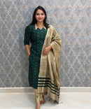 Dark Green Color Raw Silk 3 Piece Salwar Set with Lining and Pocket / ESS410