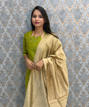 Parrot Green Color Raw Silk 3 Piece Salwar Set with Lining and Pocket / ESS410