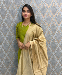 Parrot Green Color Raw Silk 3 Piece Salwar Set with Lining and Pocket / ESS410