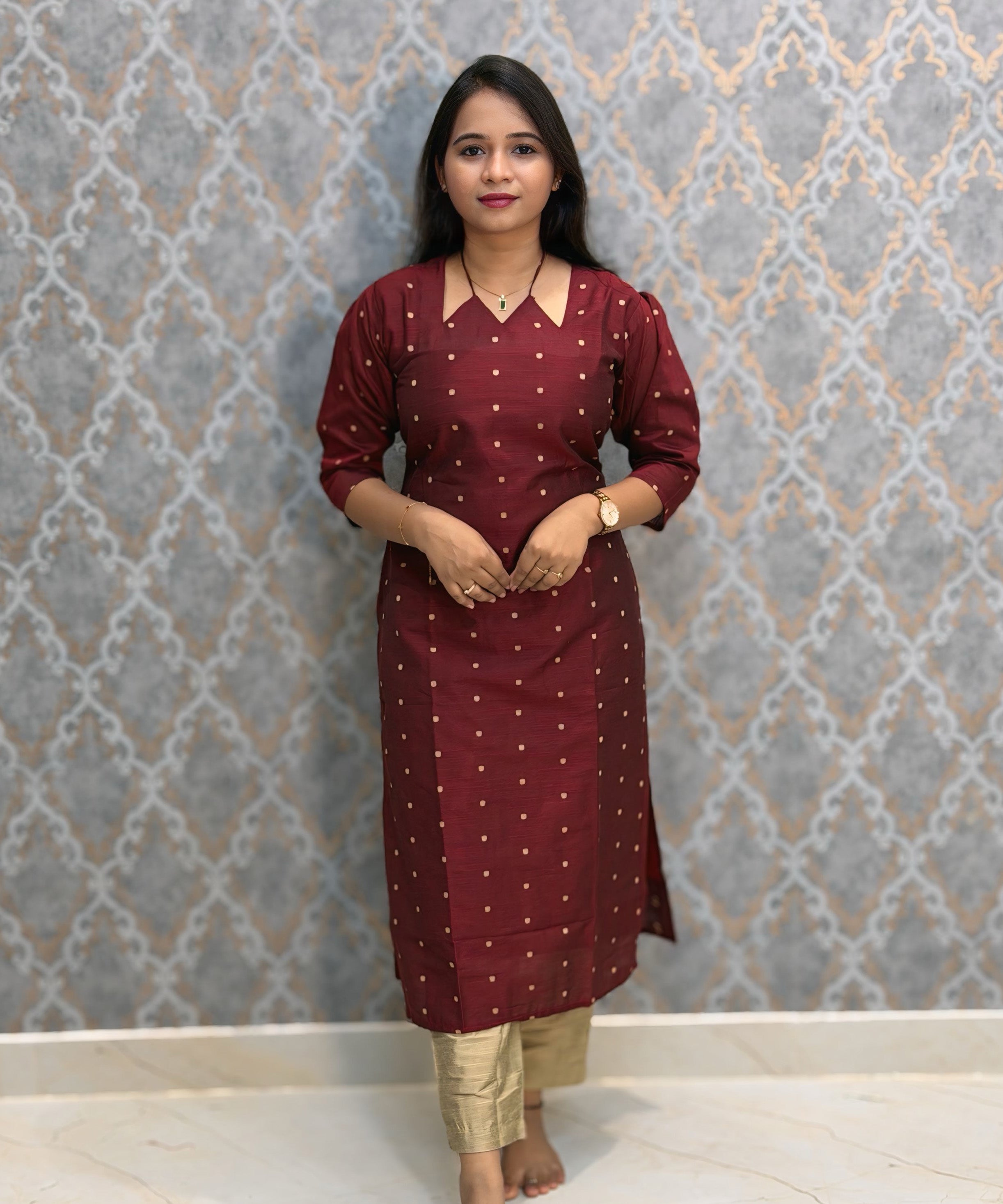 Maroon Color Raw Silk 3 Piece Salwar Set with Lining and Pocket / ESS410