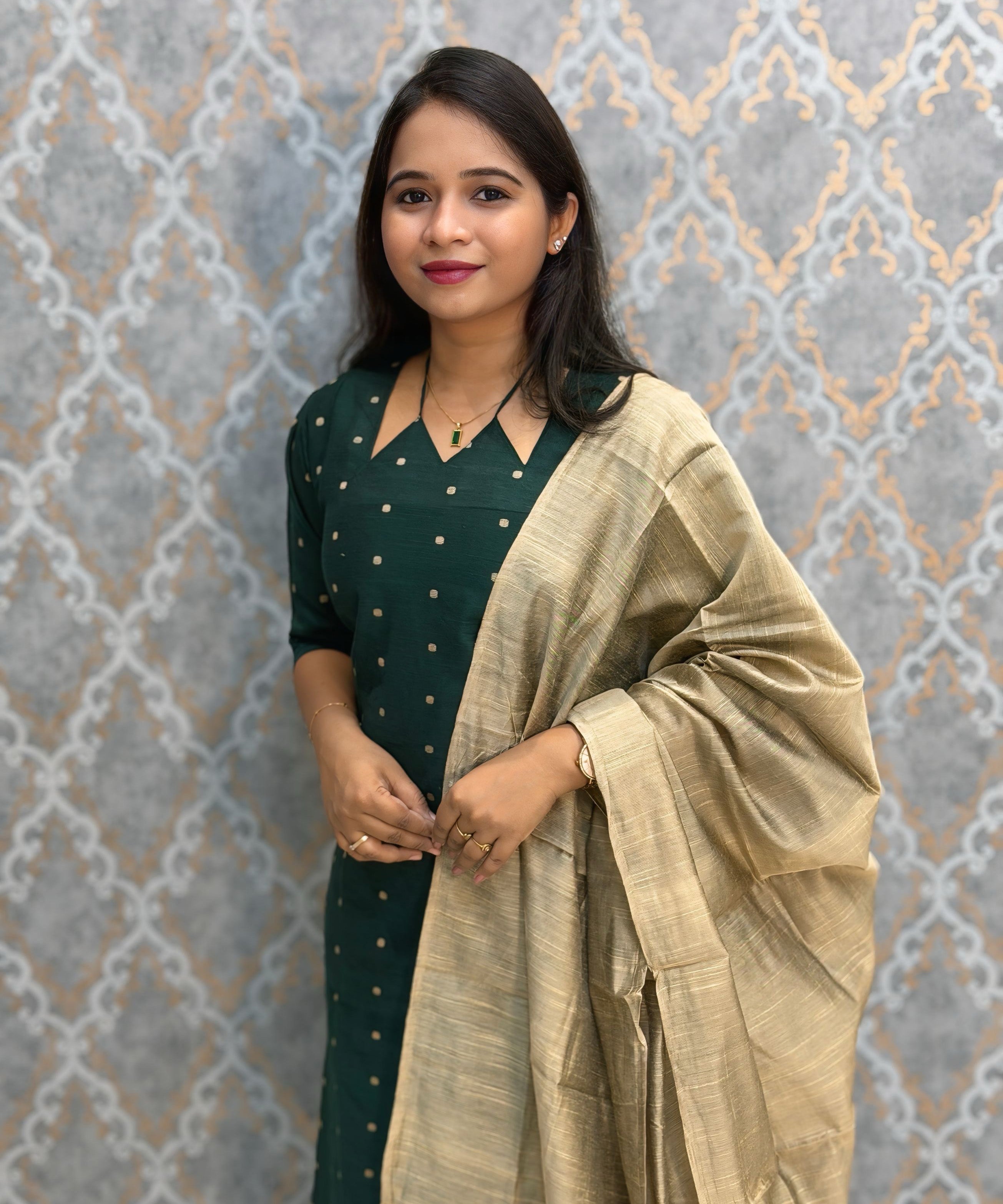 Dark Green Color Raw Silk 3 Piece Salwar Set with Lining and Pocket / ESS410
