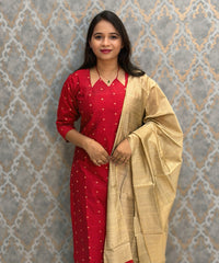 Red Color Raw Silk 3 Piece Salwar Set with Lining and Pocket / ESS410