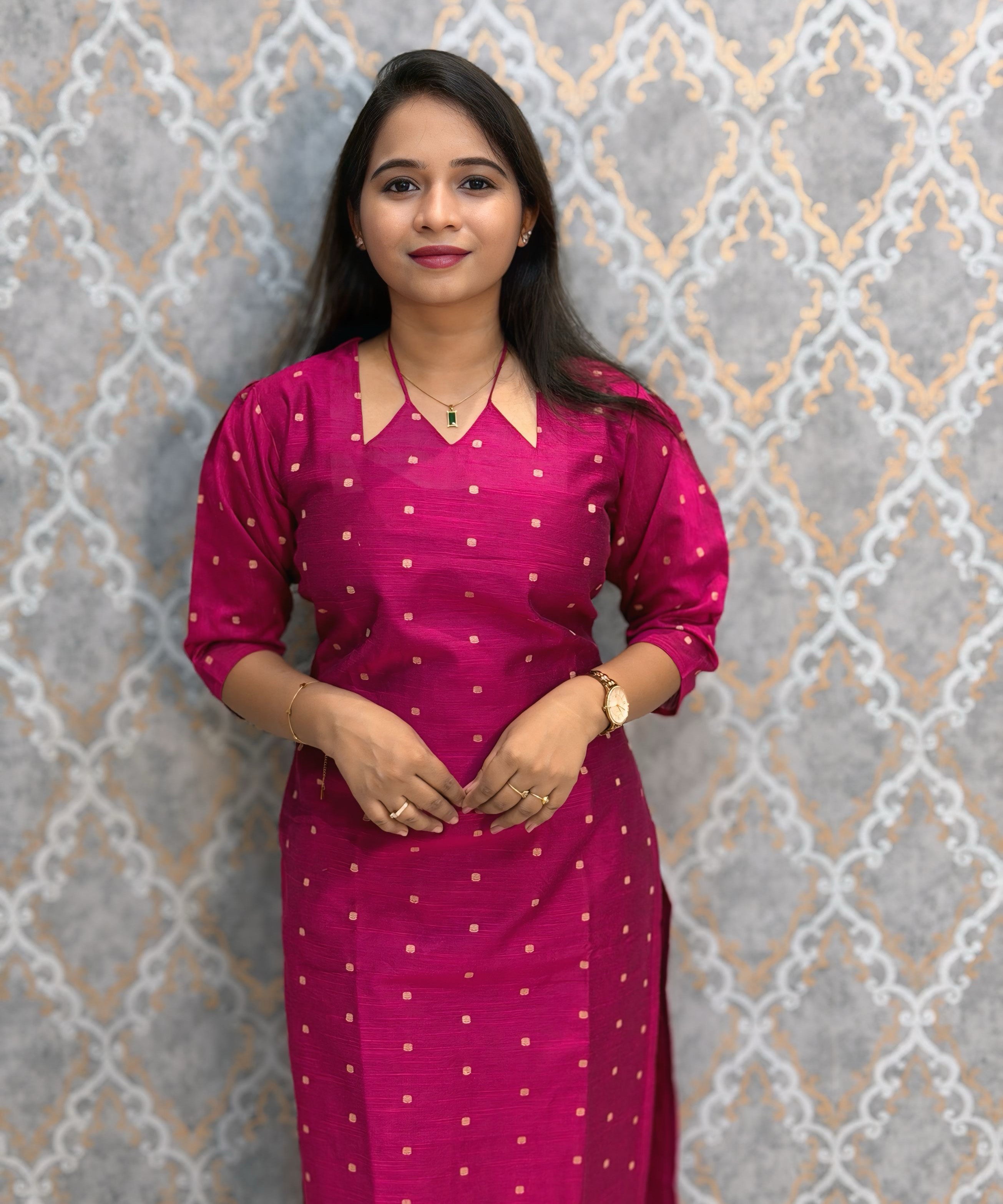Magenta Pink Color Raw Silk 3 Piece Salwar Set with Lining and Pocket / ESS410