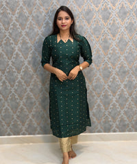 Dark Green Color Raw Silk 3 Piece Salwar Set with Lining and Pocket / ESS410