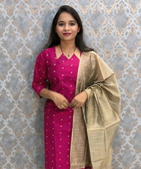 Magenta Pink Color Raw Silk 3 Piece Salwar Set with Lining and Pocket / ESS410