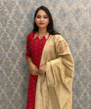 Red Color Raw Silk 3 Piece Salwar Set with Lining and Pocket / ESS410