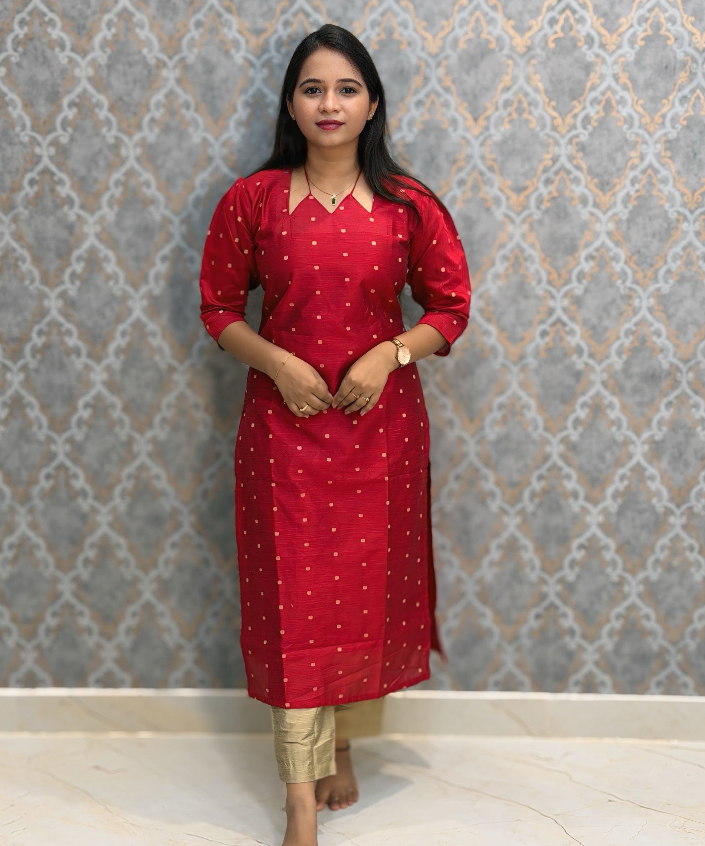Red Color Raw Silk 3 Piece Salwar Set with Lining and Pocket / ESS410