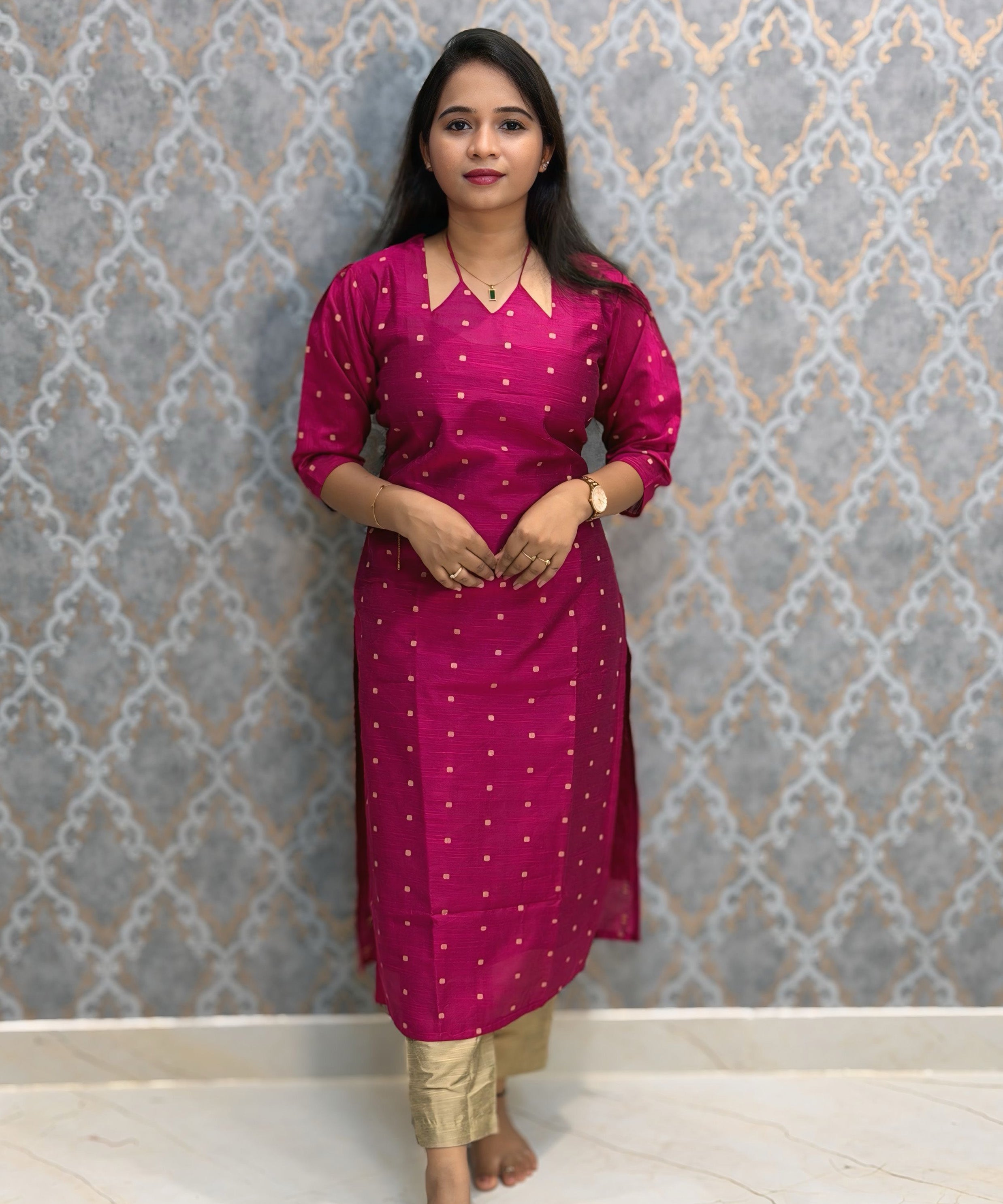Magenta Pink Color Raw Silk 3 Piece Salwar Set with Lining and Pocket / ESS410
