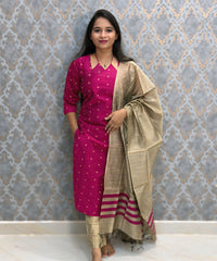 Magenta Pink Color Raw Silk 3 Piece Salwar Set with Lining and Pocket / ESS410