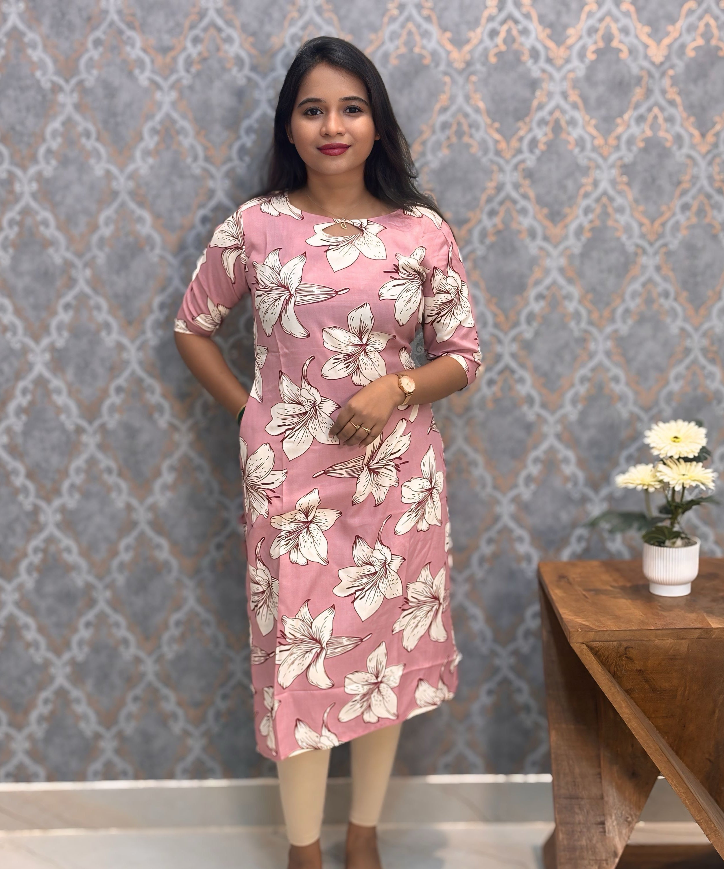 Dusty Rose Pink Color Rayon Kurti with Pocket / LSS209