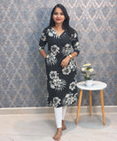 Black and White Color Floral Rayon Straight Cut V Neck Kurti with Pocket / LSS172