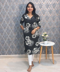 Black and White Color Floral Rayon Straight Cut V Neck Kurti with Pocket / LSS172