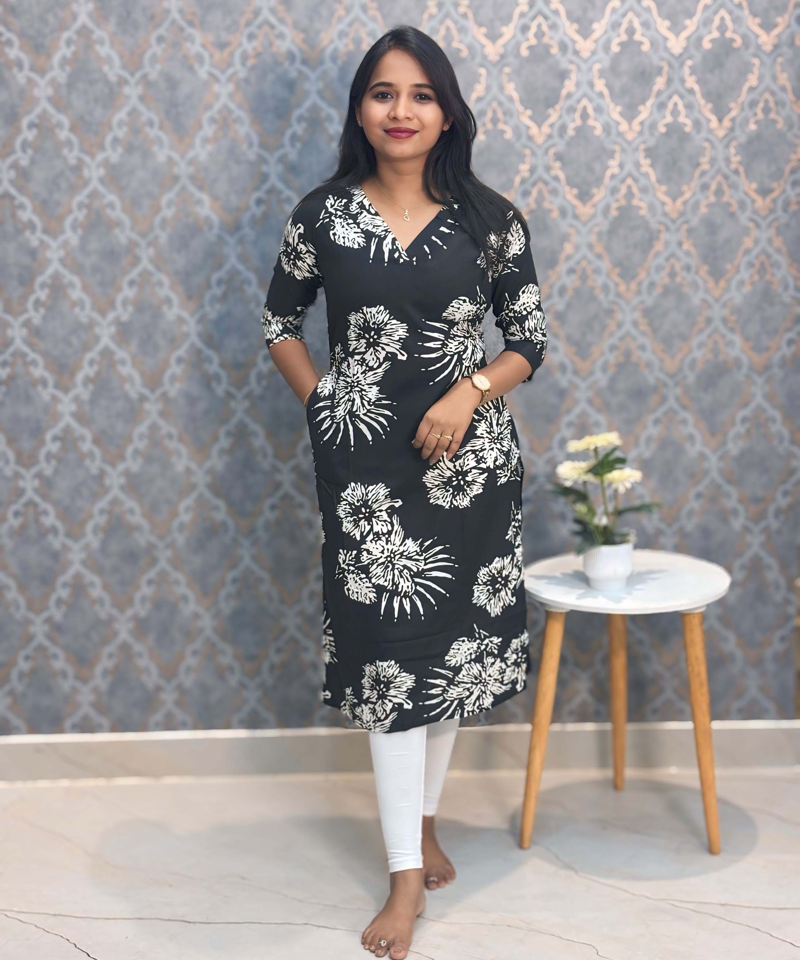 Black and White Color Floral Rayon Straight Cut V Neck Kurti with Pocket / LSS172