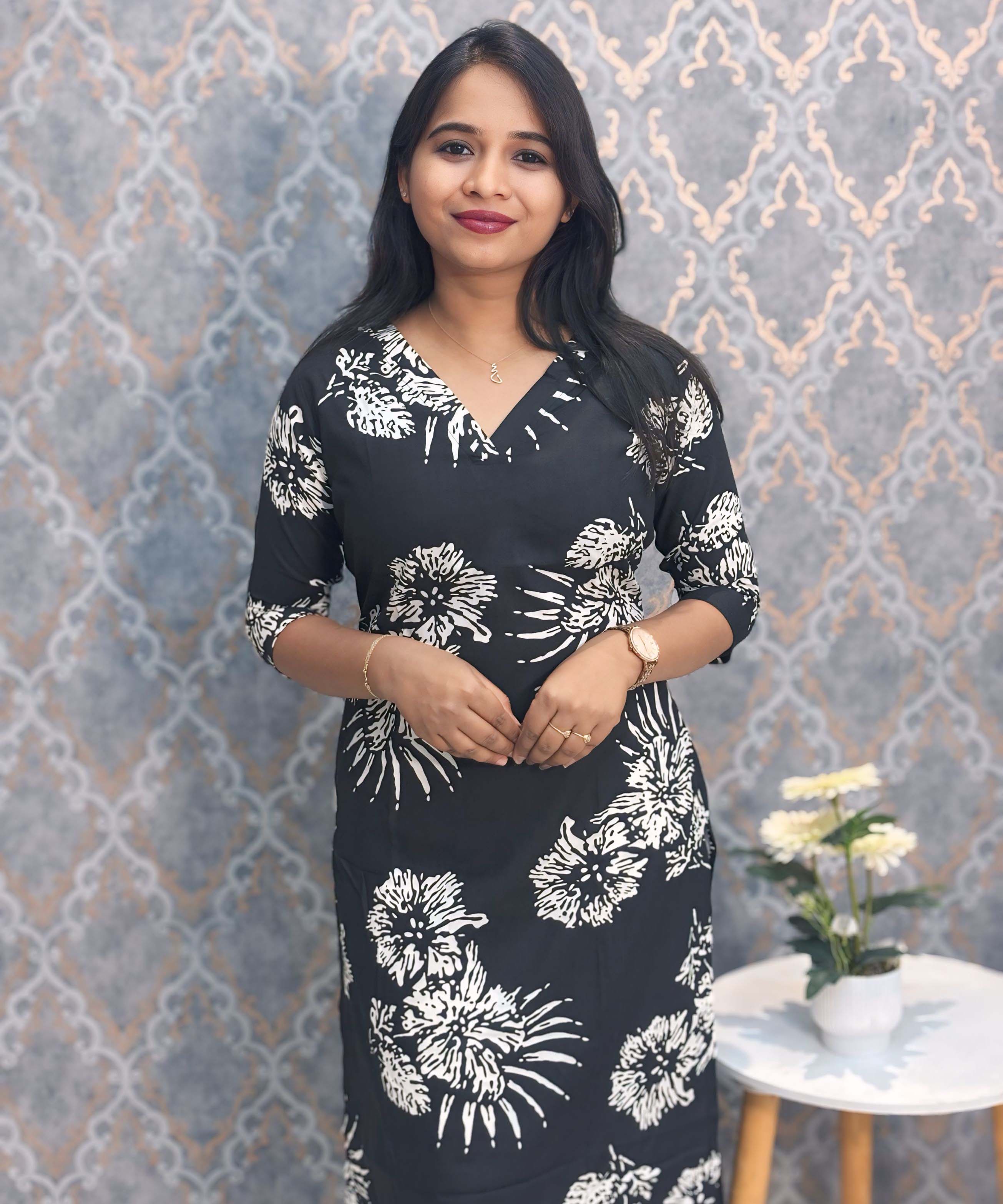 Black and White Color Floral Rayon Straight Cut V Neck Kurti with Pocket / LSS172