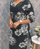 Black and White Color Floral Rayon Straight Cut V Neck Kurti with Pocket / LSS172