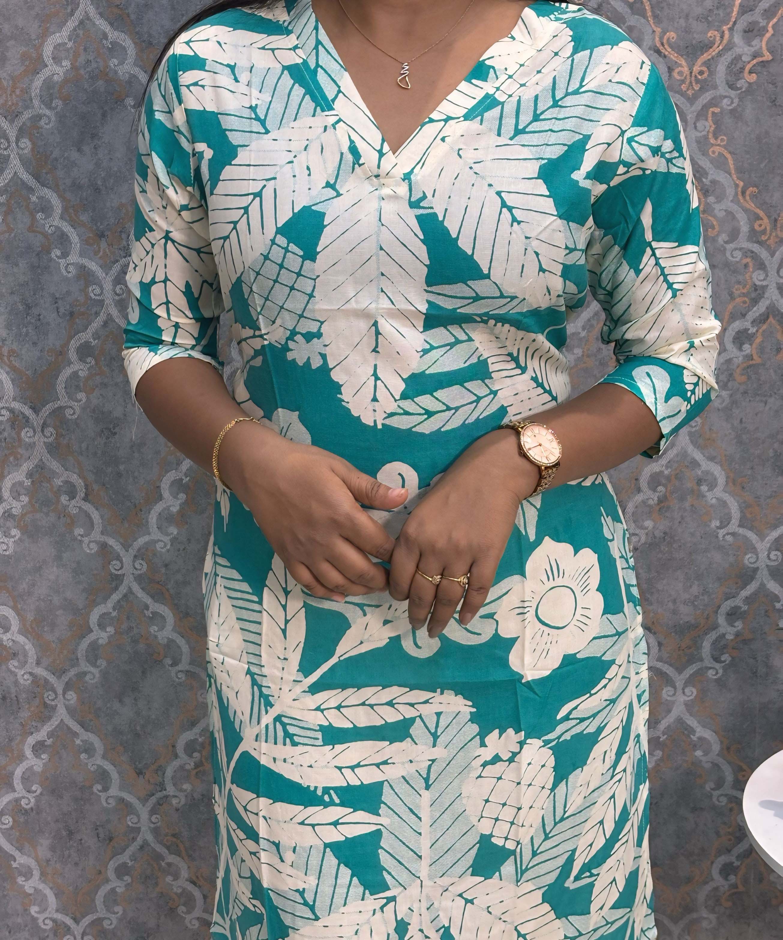 Green and Beige Color Floral Rayon Straight Cut V Neck Kurti with Pocket / LSS172