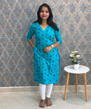 Turquoise Blue Color Rayon Straight Cut V Neck Kurti with Pocket / LSS172