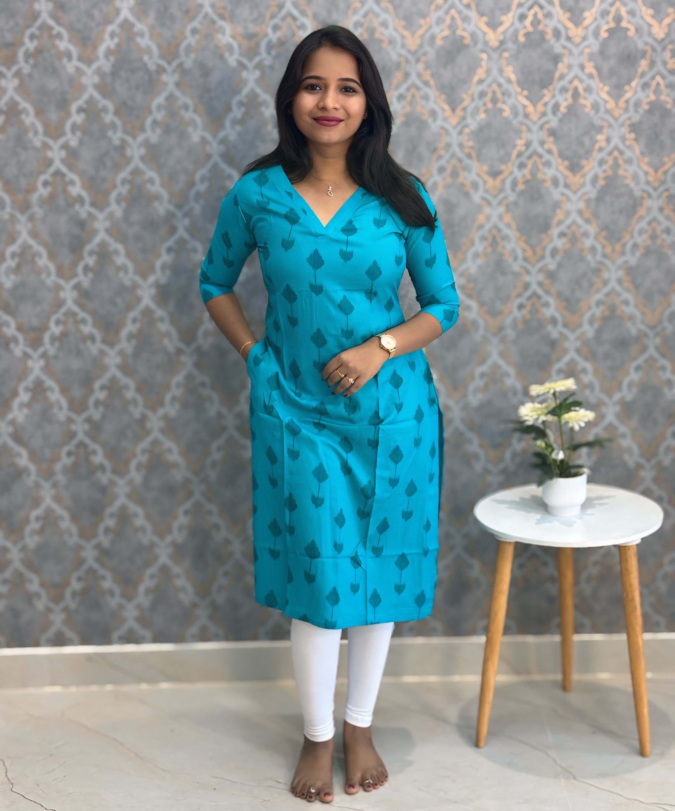 Turquoise Blue Color Rayon Straight Cut V Neck Kurti with Pocket / LSS172