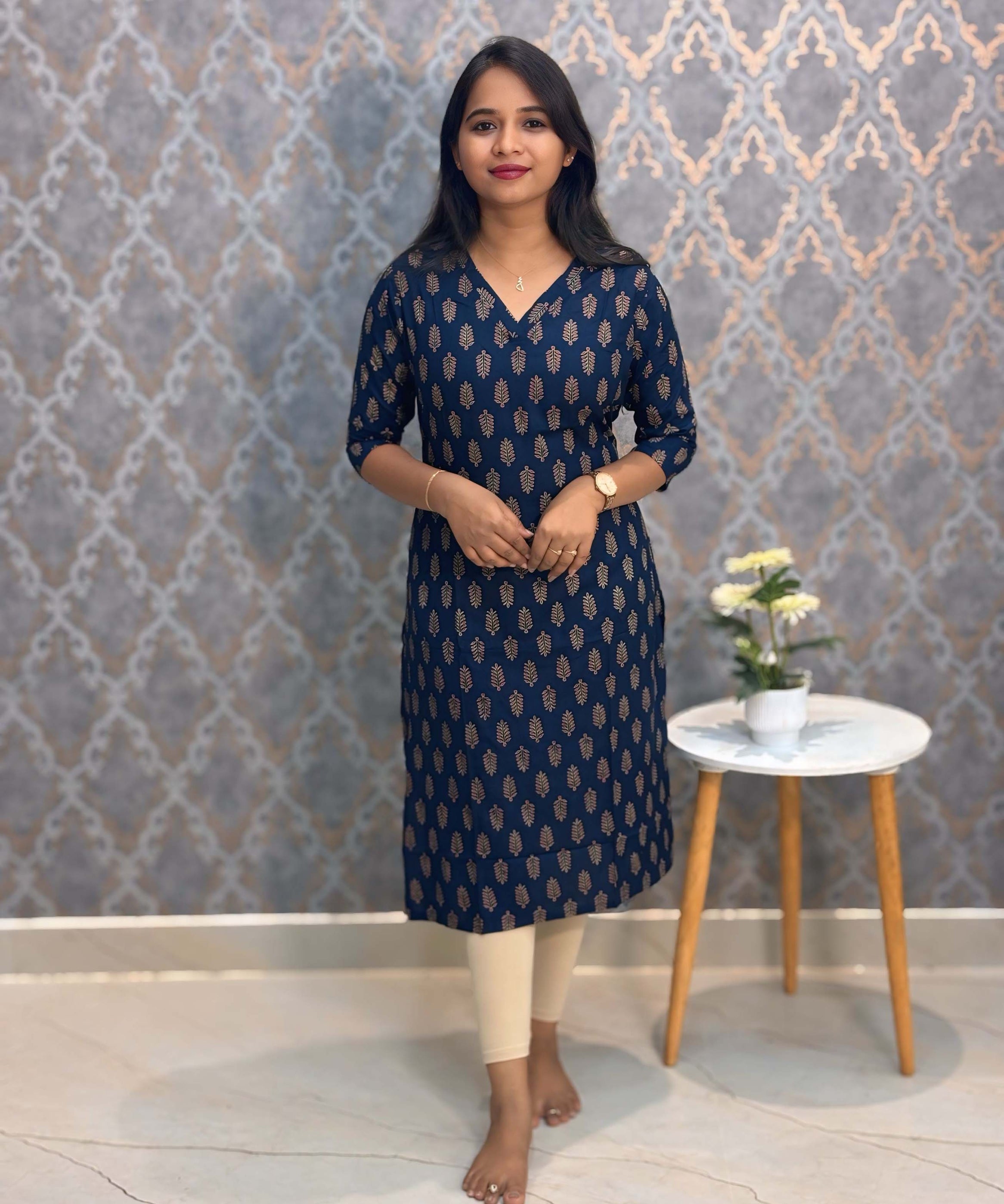 Navy Blue Color Floral Rayon Straight Cut V Neck Kurti with Pocket / LSS172