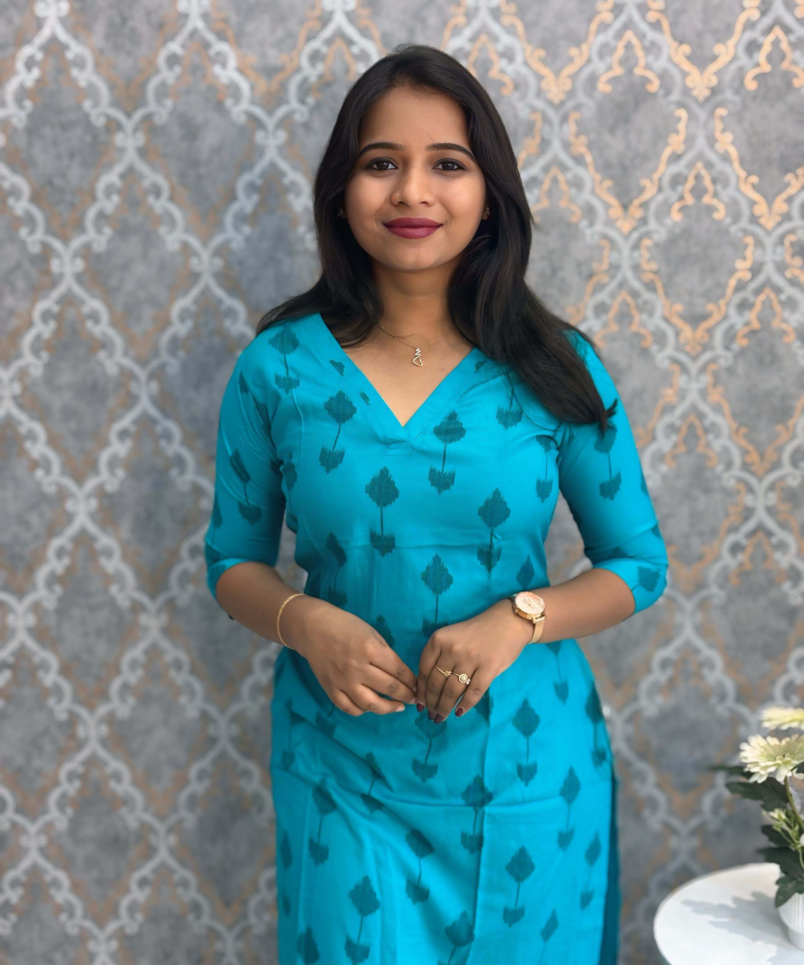 Turquoise Blue Color Rayon Straight Cut V Neck Kurti with Pocket / LSS172