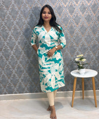 Green and Beige Color Floral Rayon Straight Cut V Neck Kurti with Pocket / LSS172