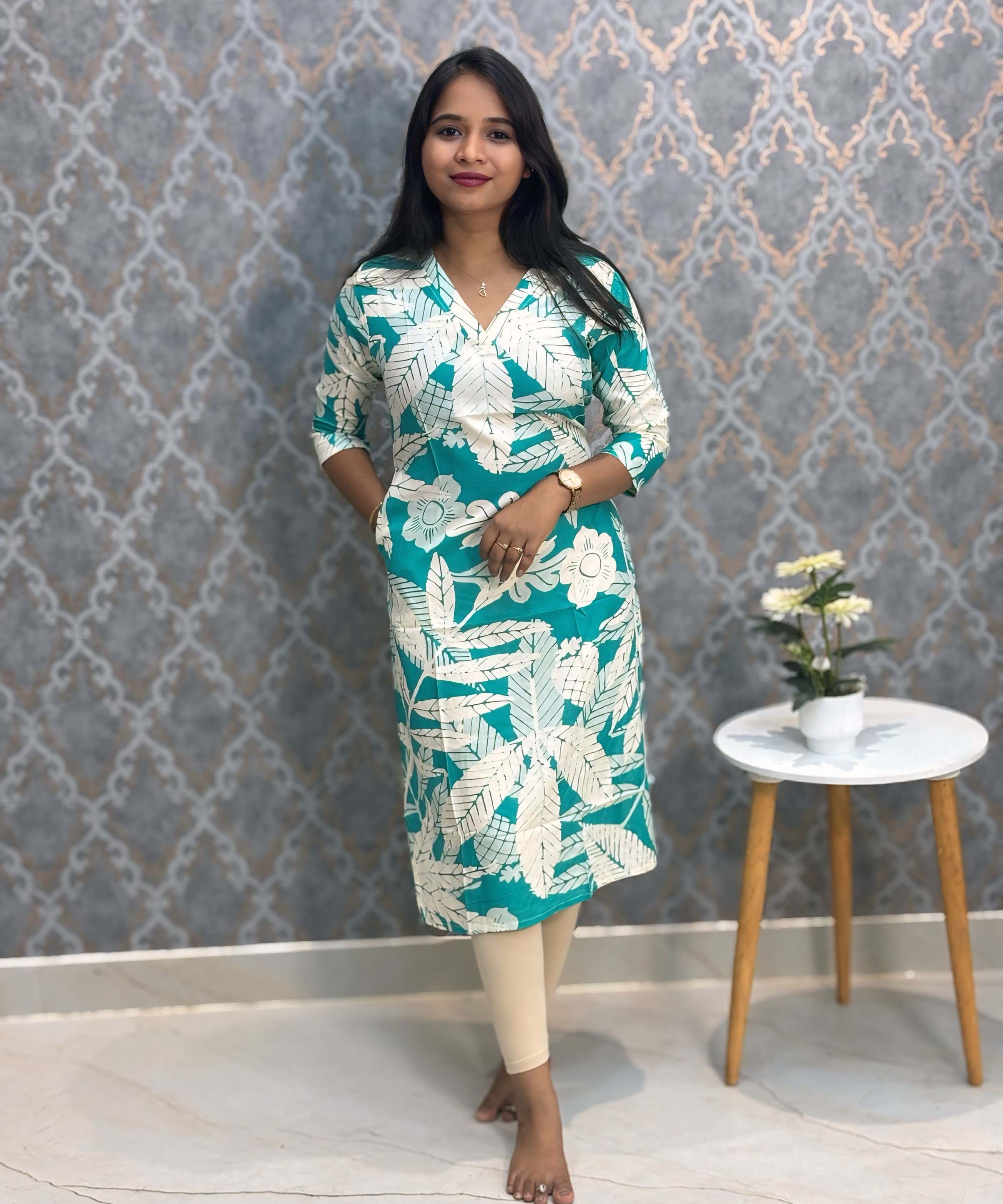 Green and Beige Color Floral Rayon Straight Cut V Neck Kurti with Pocket / LSS172