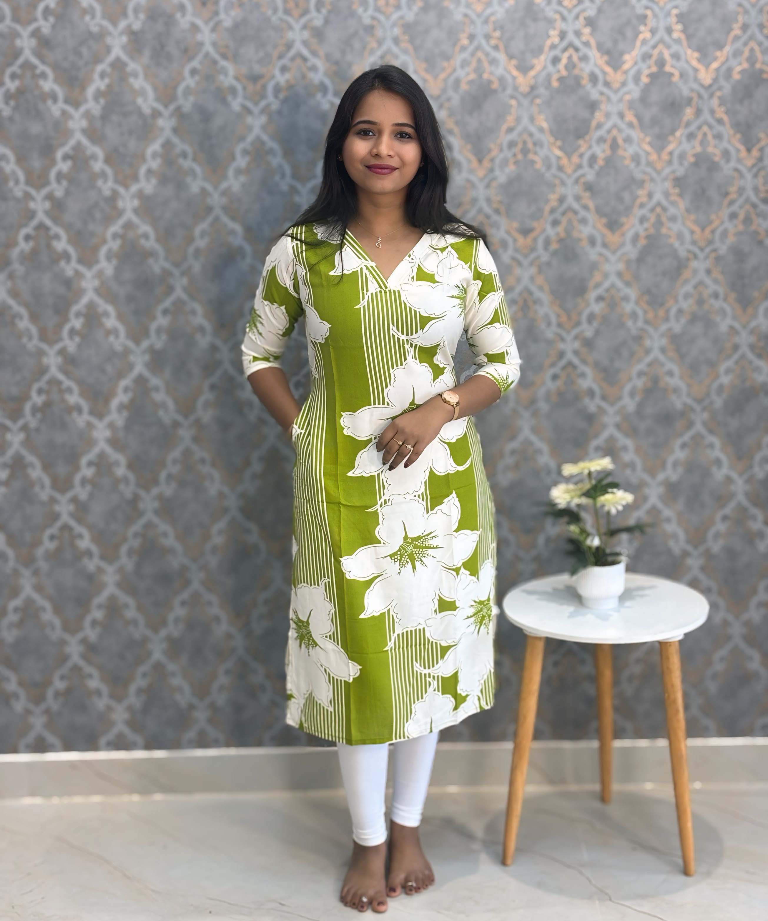 Green and Half White Color Floral Rayon Straight Cut V Neck Kurti with Pocket / LSS172