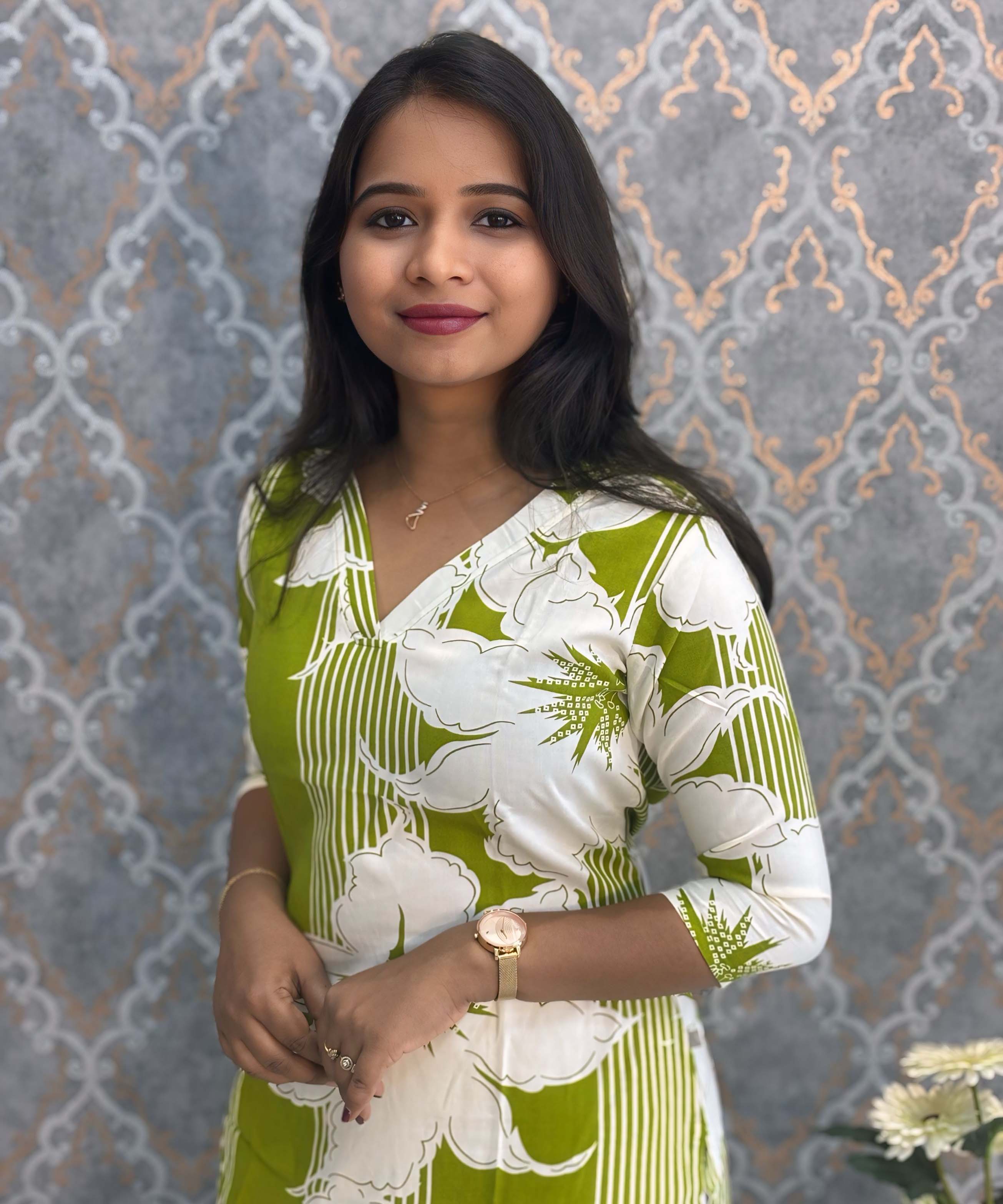Green and Half White Color Floral Rayon Straight Cut V Neck Kurti with Pocket / LSS172