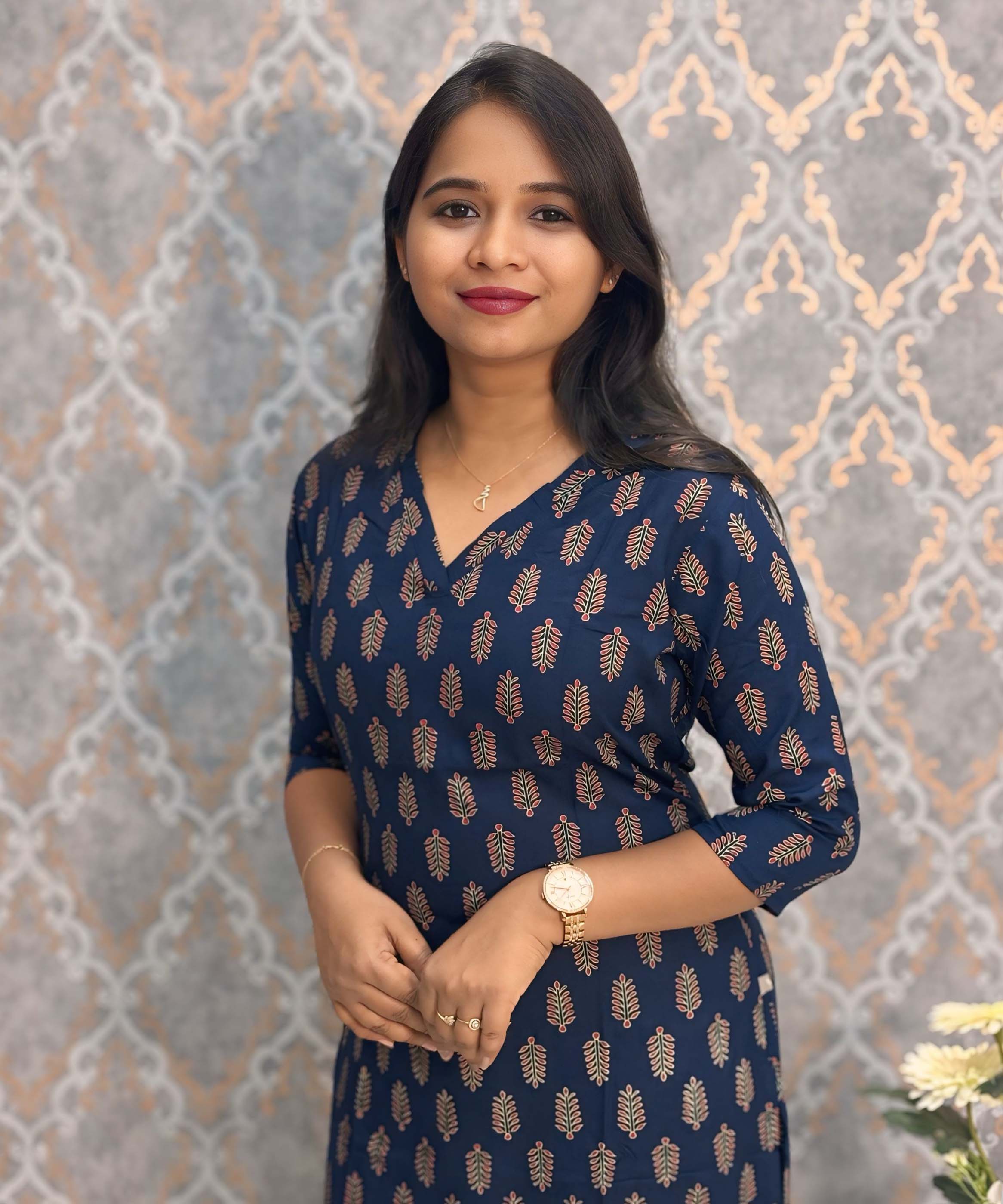 Navy Blue Color Floral Rayon Straight Cut V Neck Kurti with Pocket / LSS172