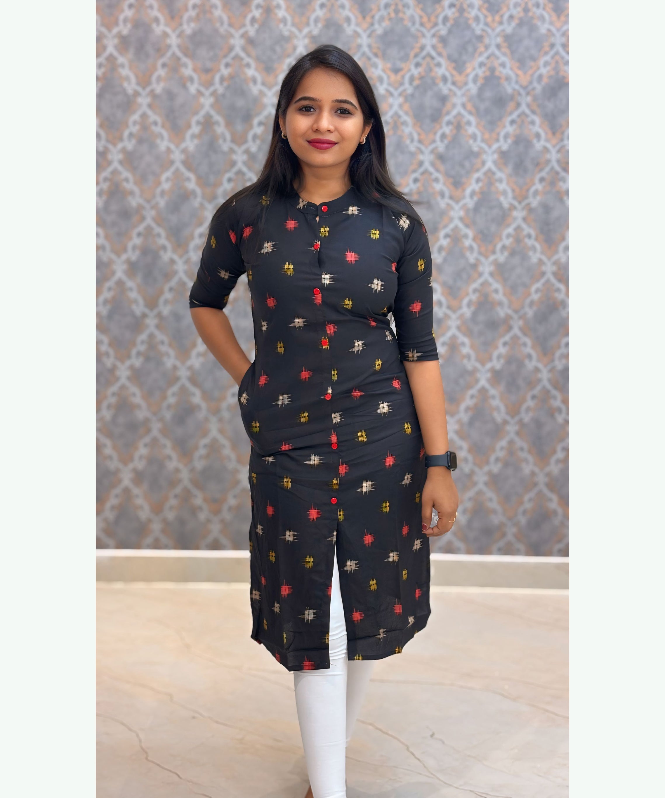 Black and Dark Brown Color Elbow Sleeve Rayon Straight Cut Chinese Collar Kurti with Pocket / ESS276