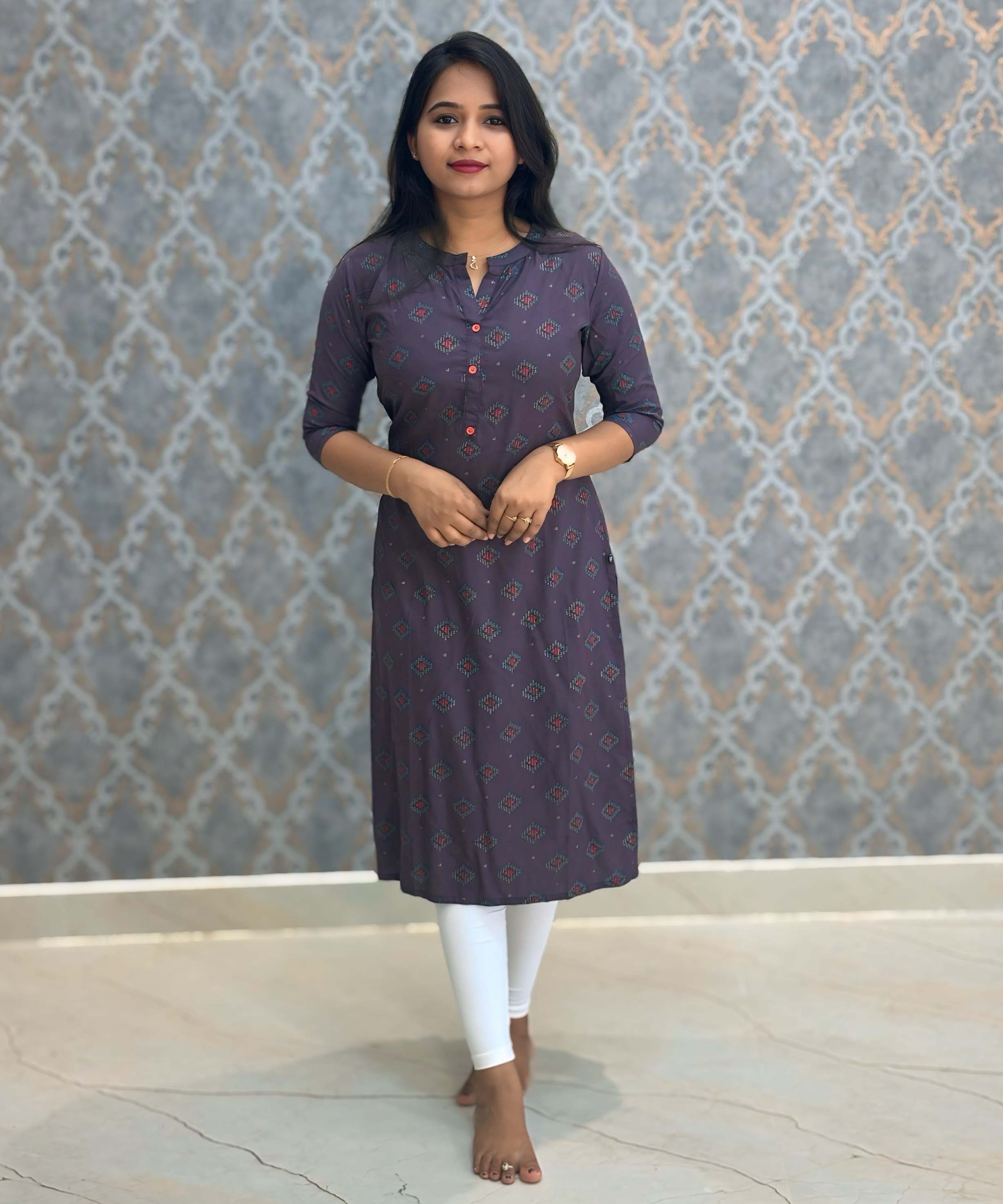 Purple Color Rayon Straight Cut Kurti with Chinese Collar Neck / LSS162