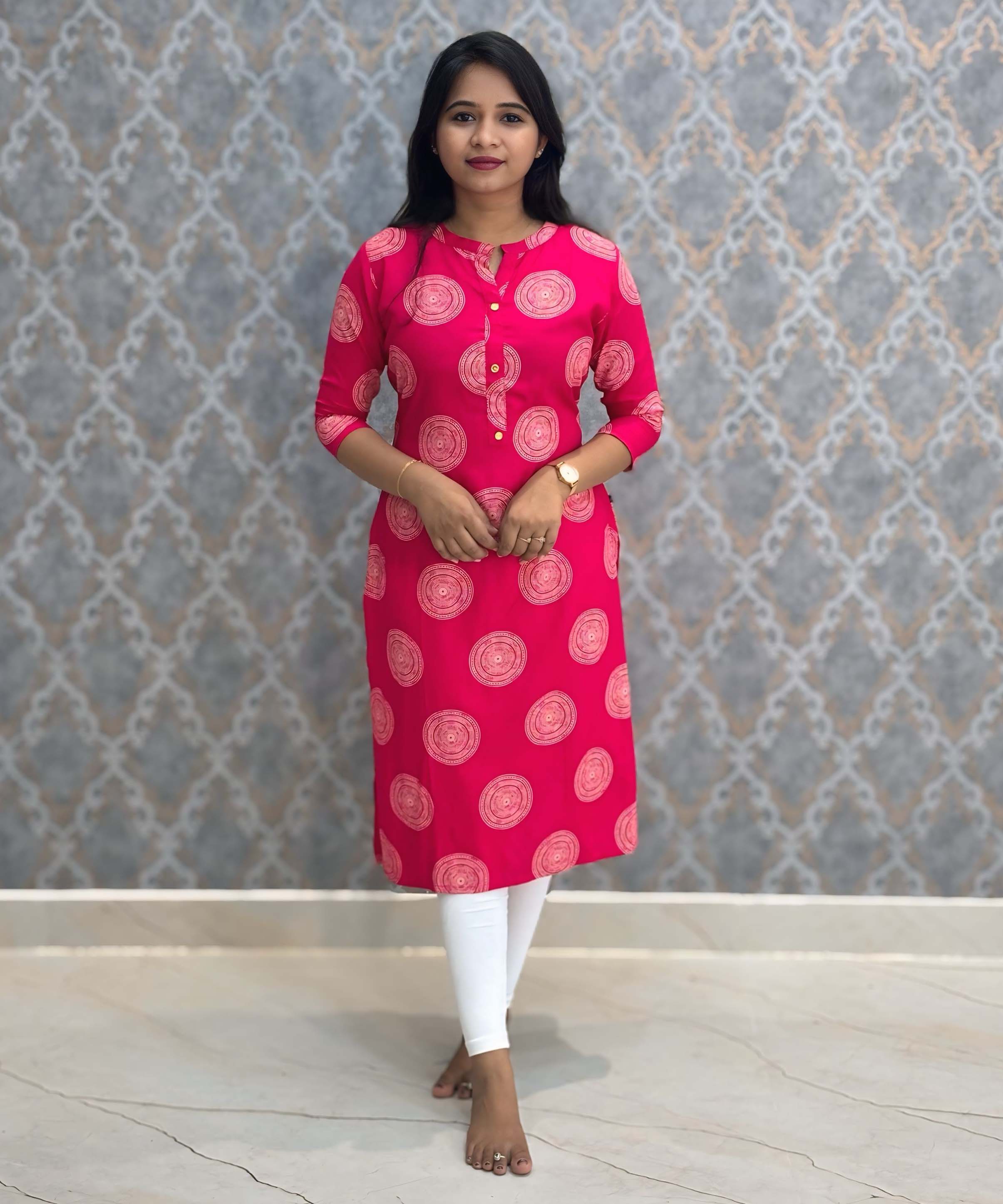 Dark Pink Color Rayon Straight Cut Kurti with Chinese Collar Neck / LSS162