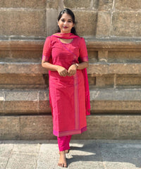 Reddish Pink(Pink with Orange) and Purple Color Premium Handloom Mangalagiri Cotton Salwar Set with Pocket / PC005