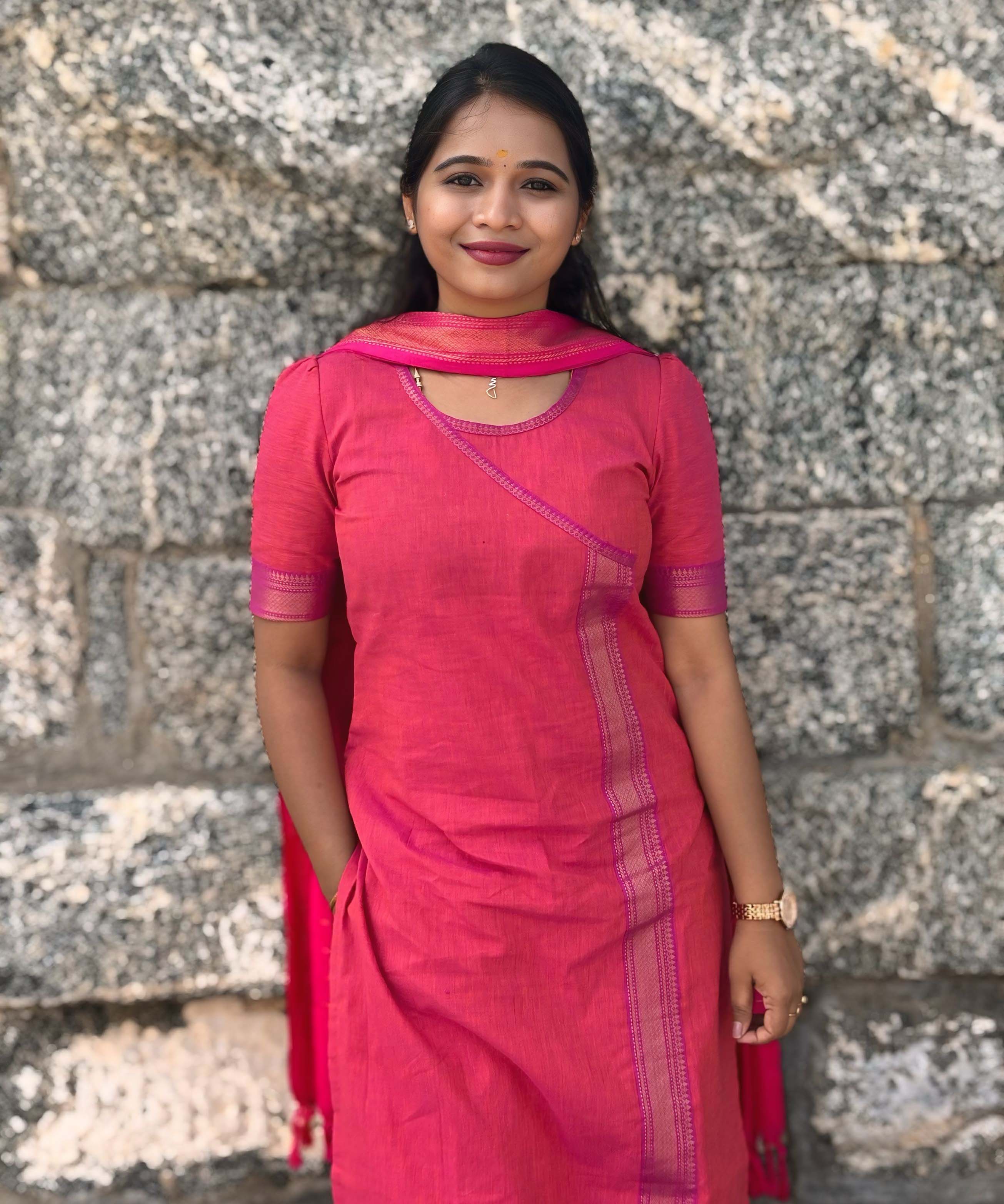 Reddish Pink(Pink with Orange) and Purple Color Premium Handloom Mangalagiri Cotton Salwar Set with Pocket / PC005