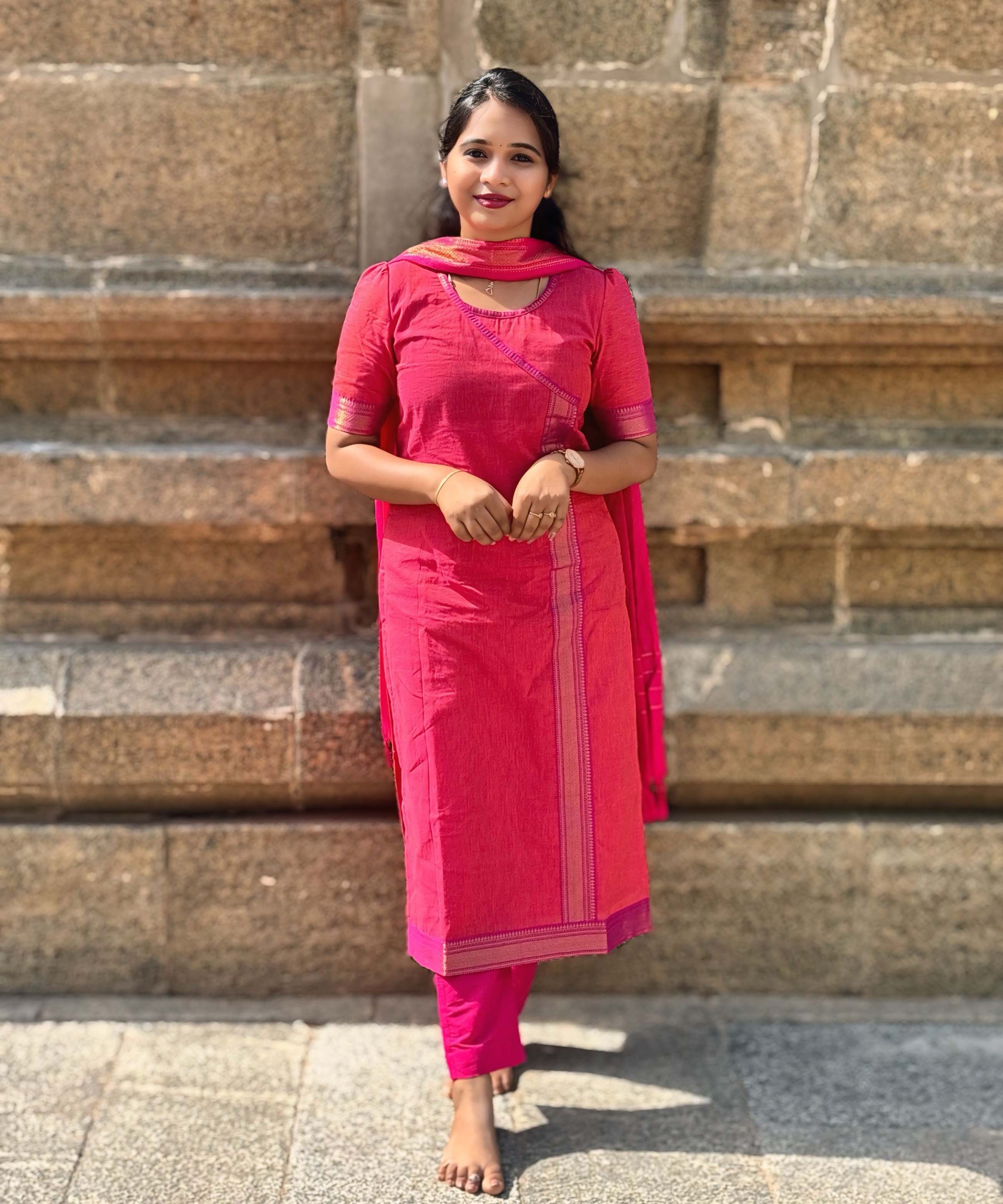 Reddish Pink(Pink with Orange) and Purple Color Premium Handloom Mangalagiri Cotton Salwar Set with Pocket / PC005