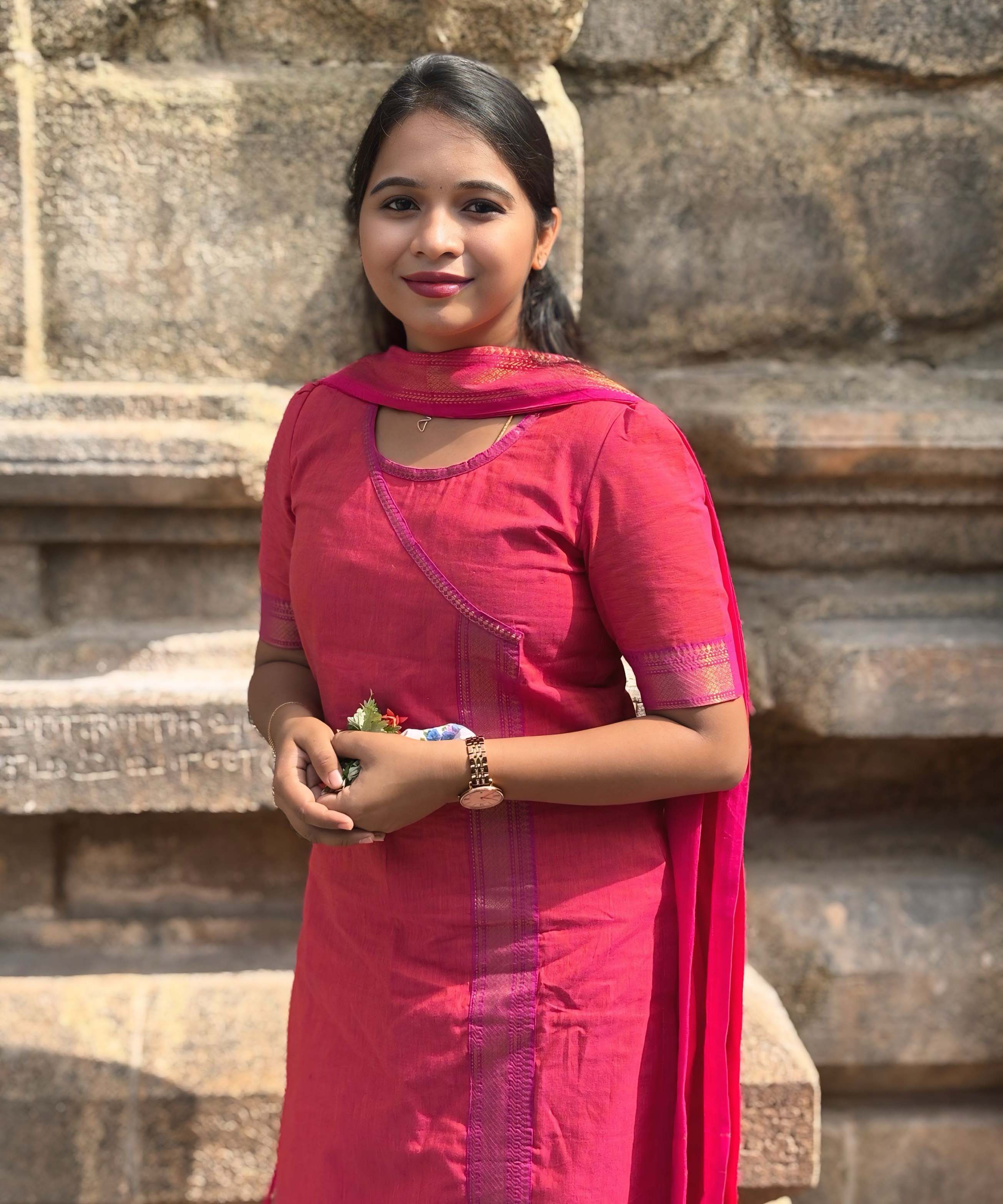 Reddish Pink(Pink with Orange) and Purple Color Premium Handloom Mangalagiri Cotton Salwar Set with Pocket / PC005