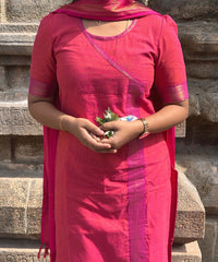 Reddish Pink(Pink with Orange) and Purple Color Premium Handloom Mangalagiri Cotton Salwar Set with Pocket / PC005