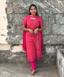 Reddish Pink(Pink with Orange) and Purple Color Premium Handloom Mangalagiri Cotton Salwar Set with Pocket / PC005