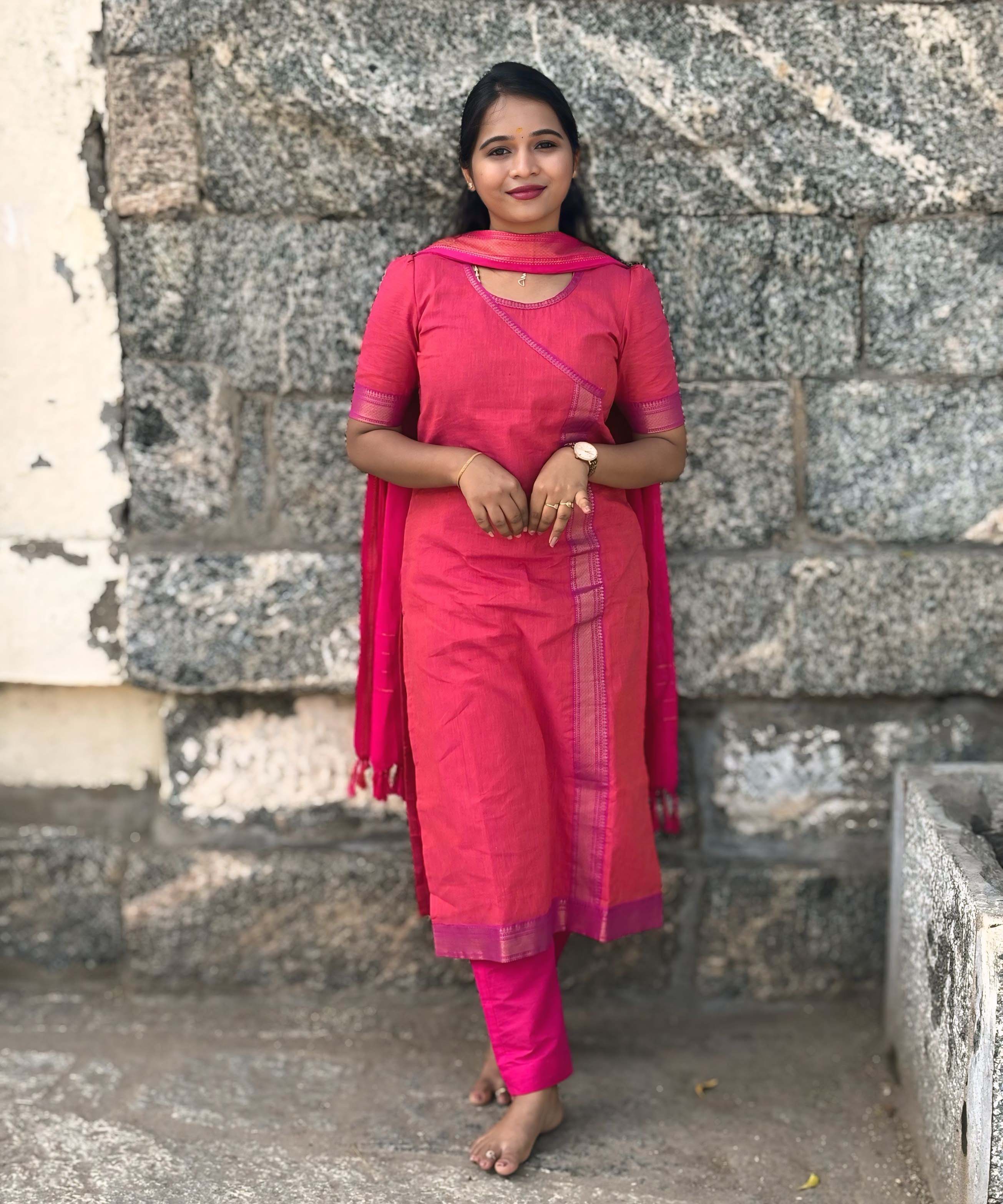 Reddish Pink(Pink with Orange) and Purple Color Premium Handloom Mangalagiri Cotton Salwar Set with Pocket / PC005