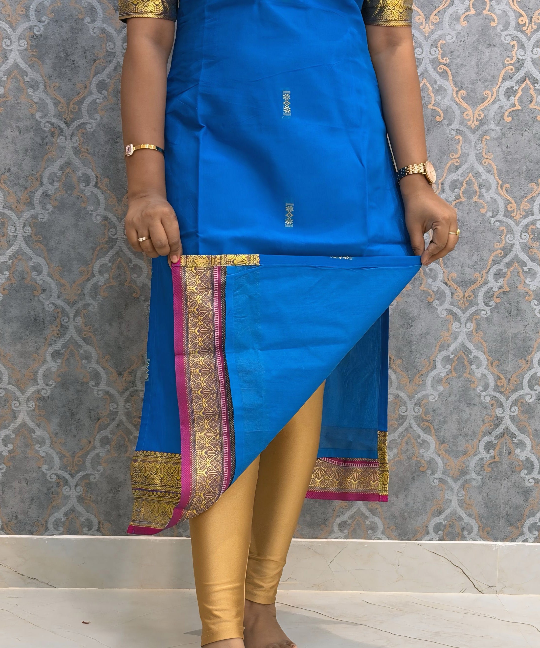 Rich Royal Blue and Pink Premium Handwoven Kodambakkam Ragam Kurti and Dupatta / HL037