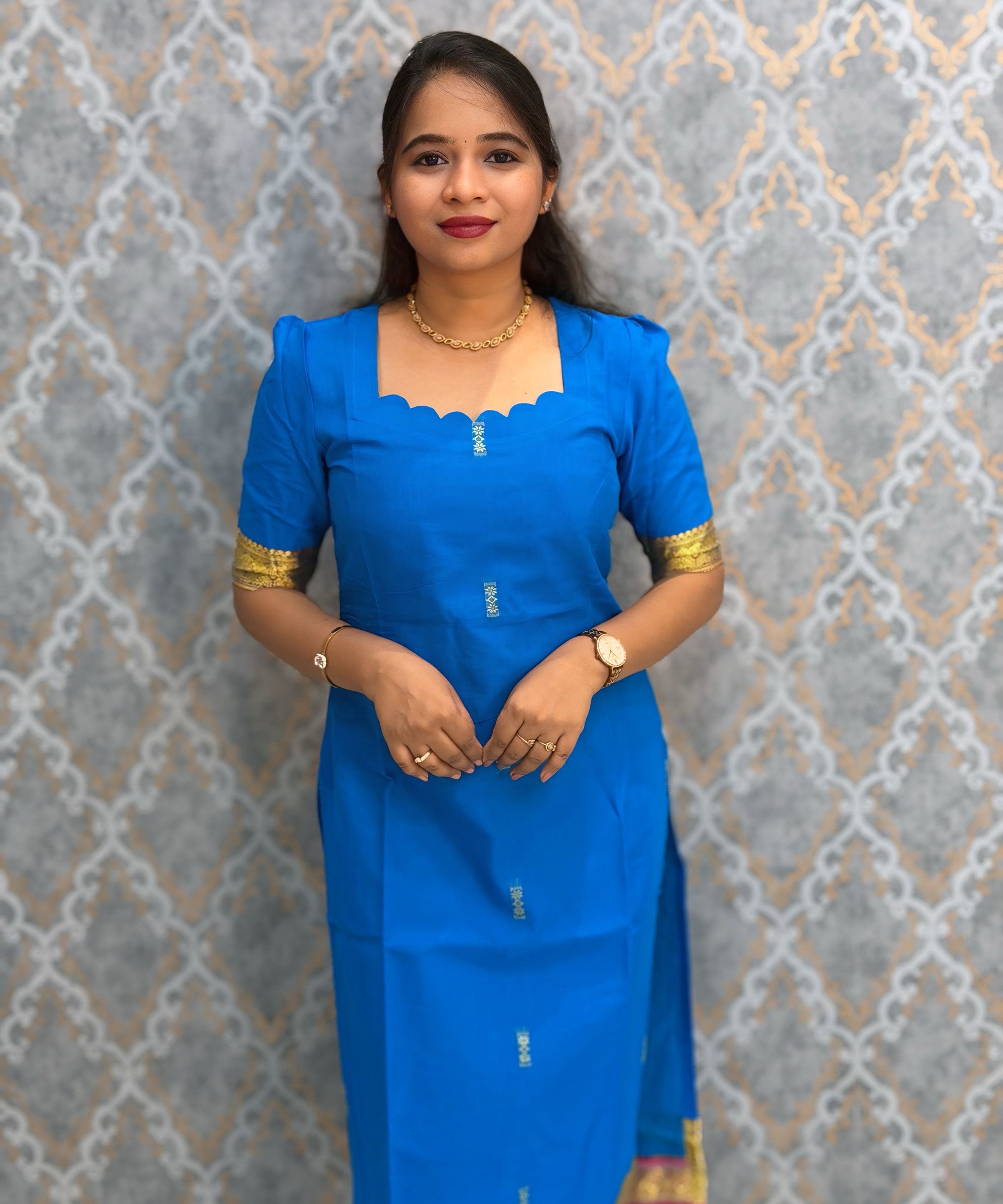 Rich Royal Blue and Pink Premium Handwoven Kodambakkam Ragam Kurti and Dupatta / HL037
