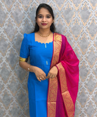 Rich Royal Blue and Pink Premium Handwoven Kodambakkam Ragam Kurti and Dupatta / HL037