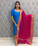 Rich Royal Blue and Pink Premium Handwoven Kodambakkam Ragam Kurti and Dupatta / HL037