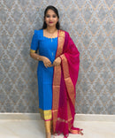 Rich Royal Blue and Pink Premium Handwoven Kodambakkam Ragam Kurti and Dupatta / HL037
