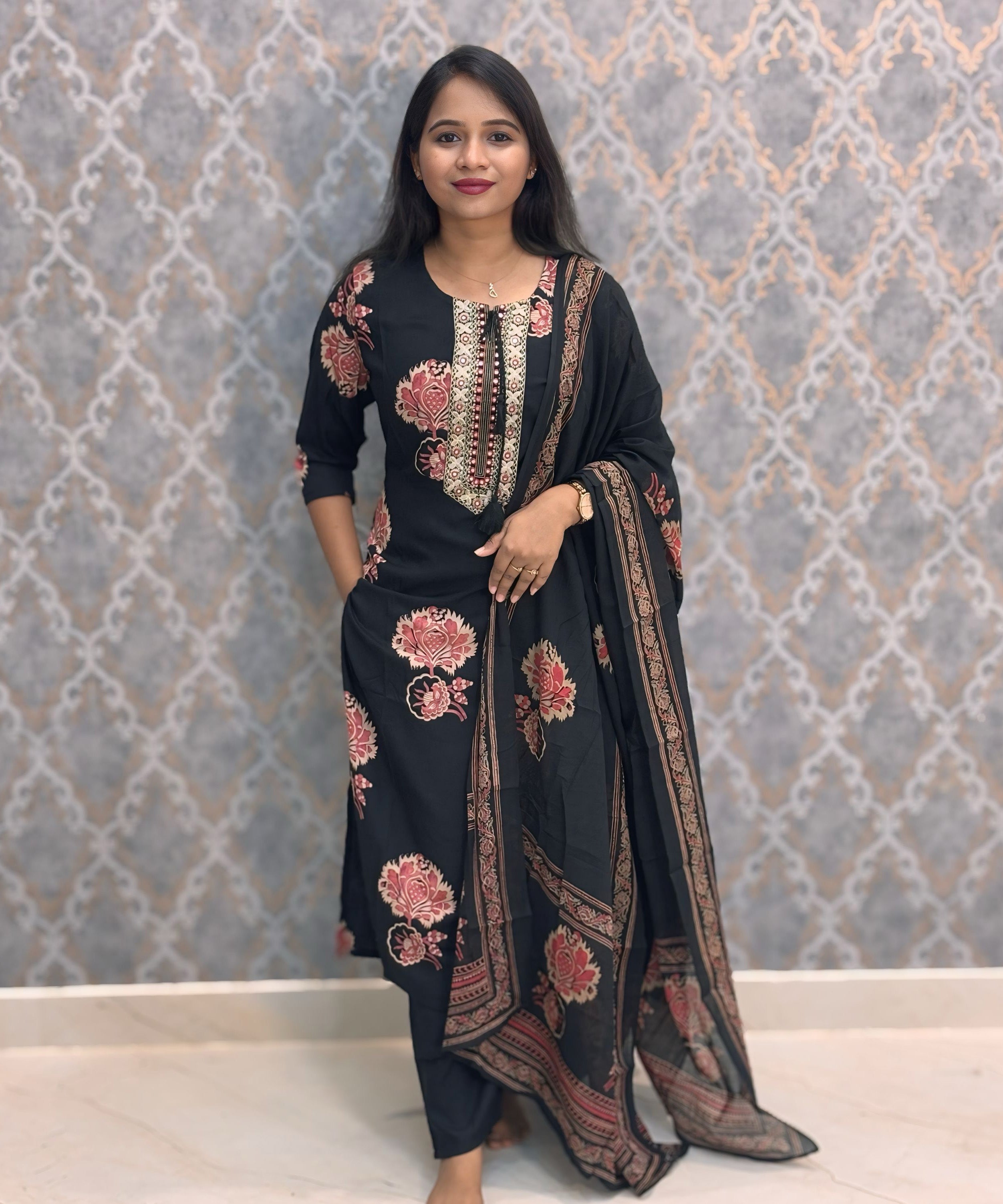 Black and Pink Color 3 Piece Salwar Set with Pocket / ESS382