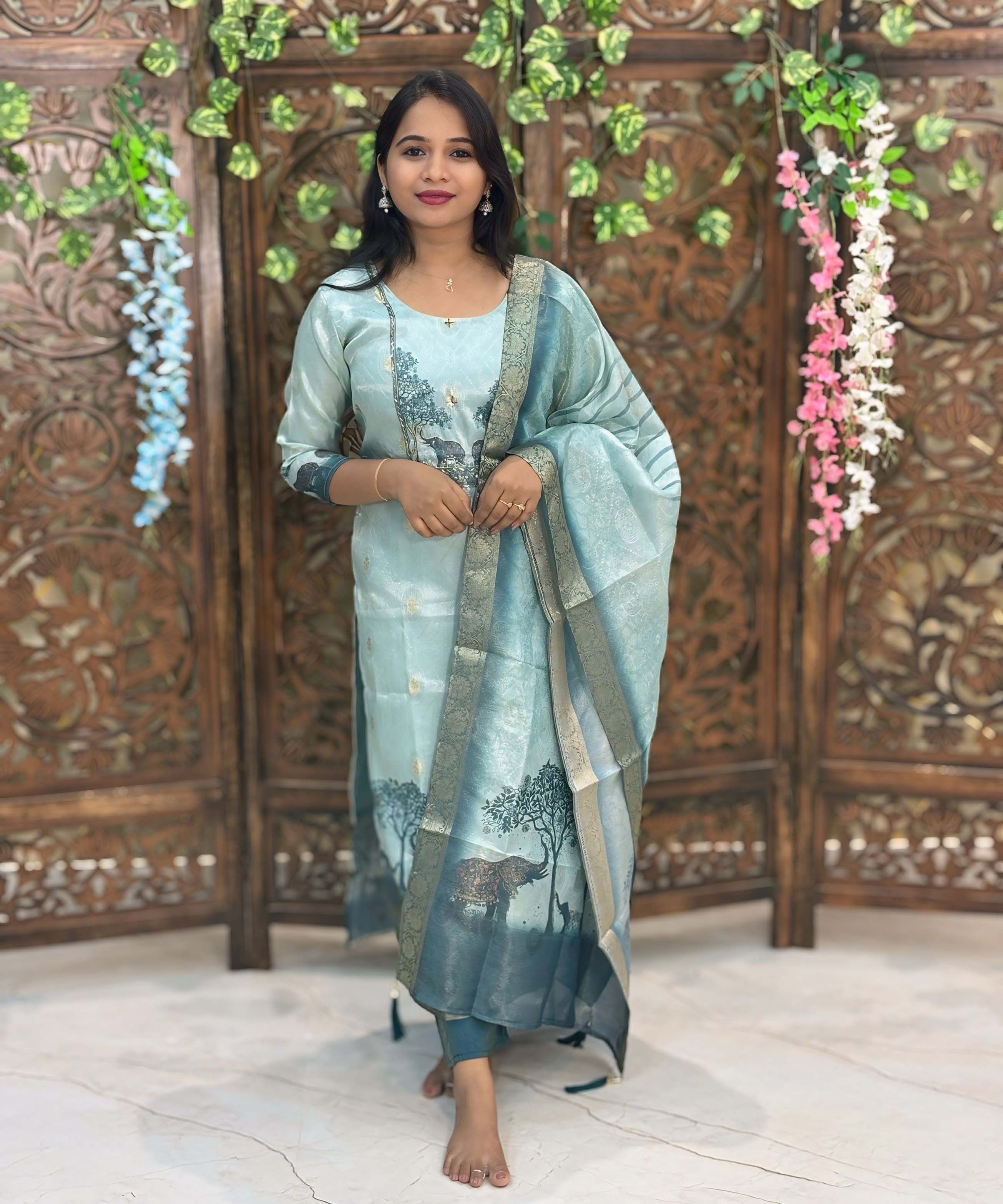 Sea Blue and Golden Color Designer Premium 3 Piece Salwar Set / ESS358