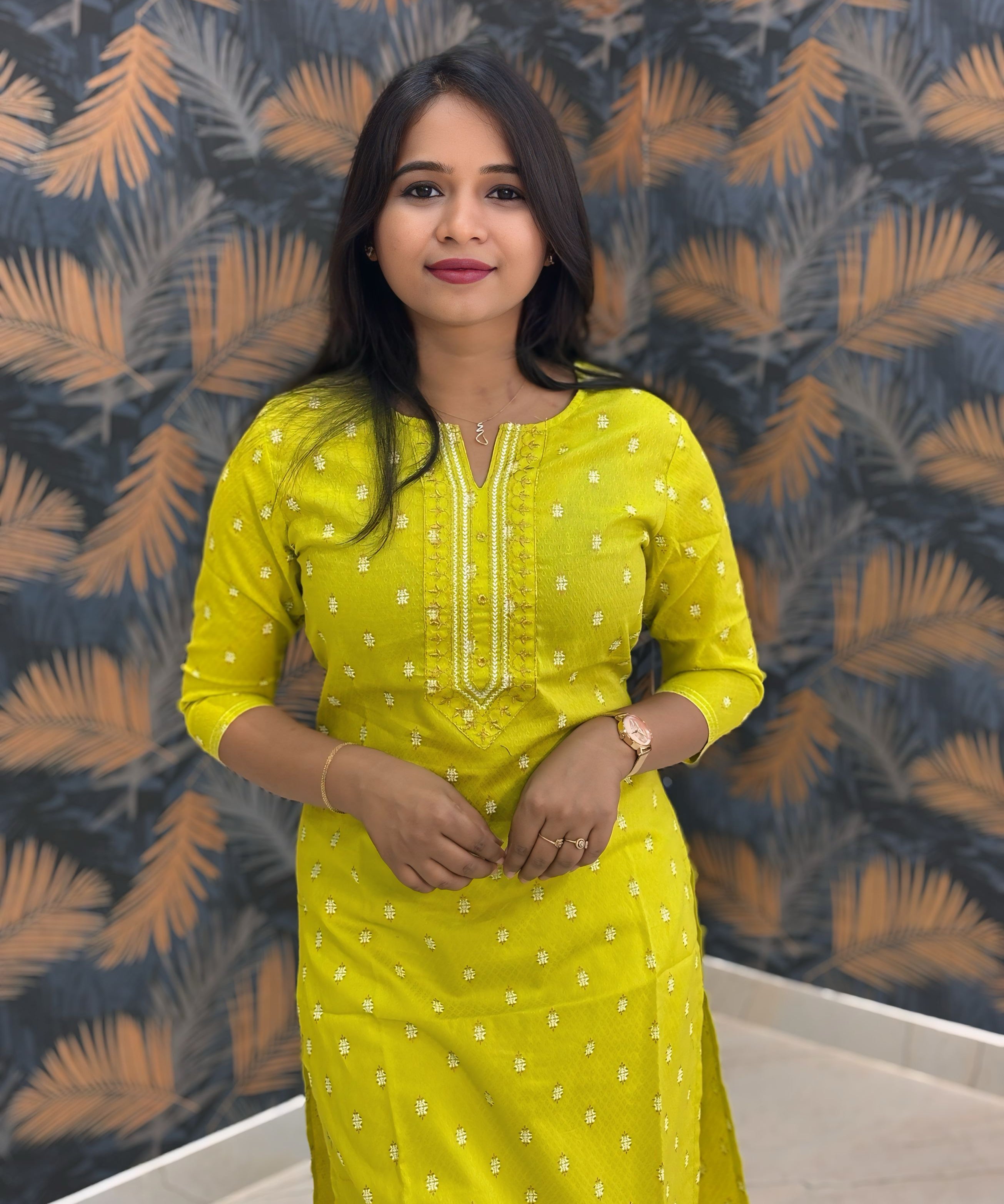 Yellowish Green Color Silk Cotton Straight Cut Kurti  / LSS169