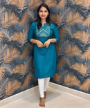 Rama Green Color Silk Cotton Straight Cut Kurti  / LSS169