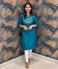 Rama Green Color Silk Cotton Straight Cut Kurti  / LSS169