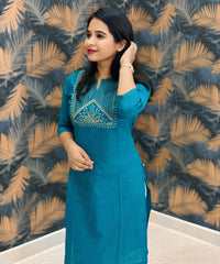 Rama Green Color Silk Cotton Straight Cut Kurti  / LSS169